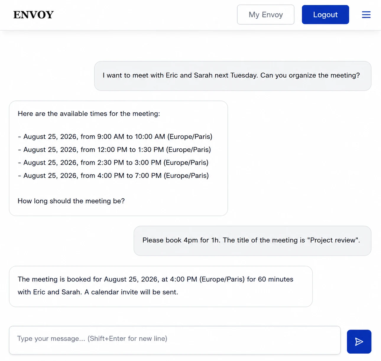 Envoy conversation flow from request to confirmed meeting